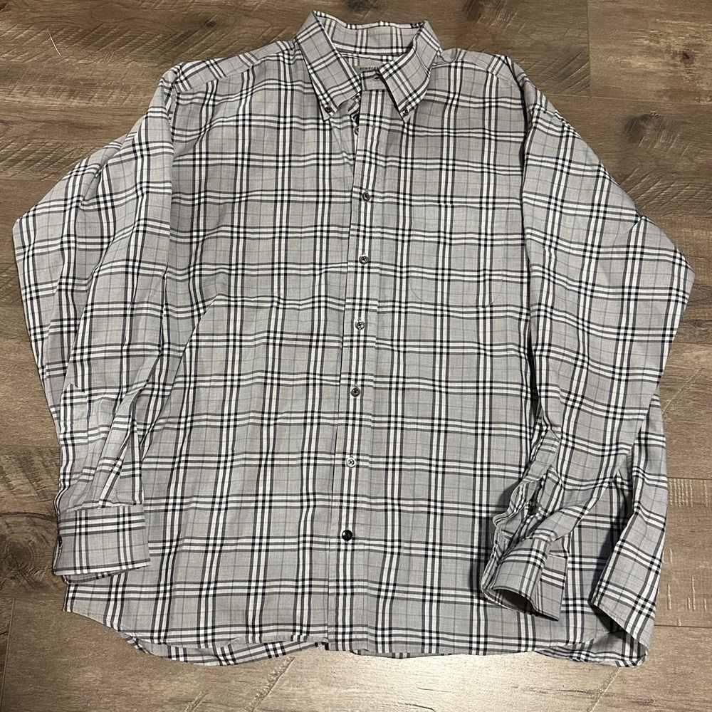 Burberry Grey Blue Plaid Button Up XXL